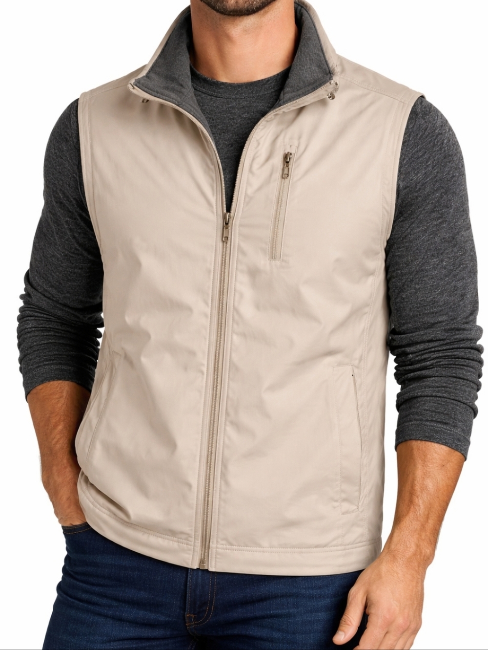 Izod Puffer Men SzL Beige exterior with gray interior. Perfect for layering.